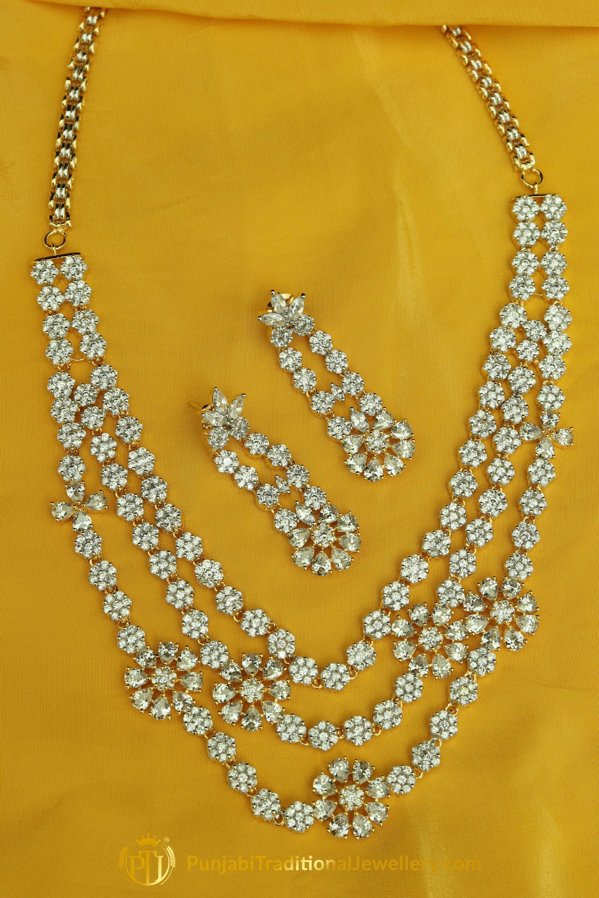 Gold Finished Silver Pearl American diamond Necklace & Earrings | Punjabi Traditional Jewellery Exclusive