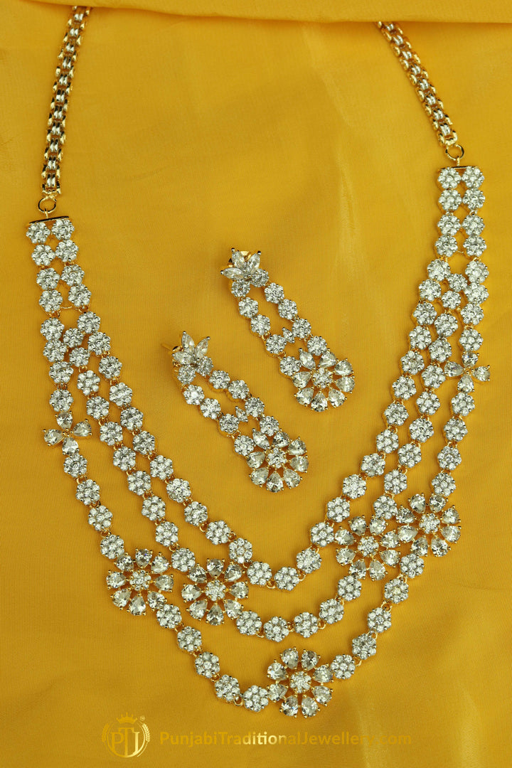 Gold Finished Silver Pearl American diamond Necklace & Earrings | Punjabi Traditional Jewellery Exclusive