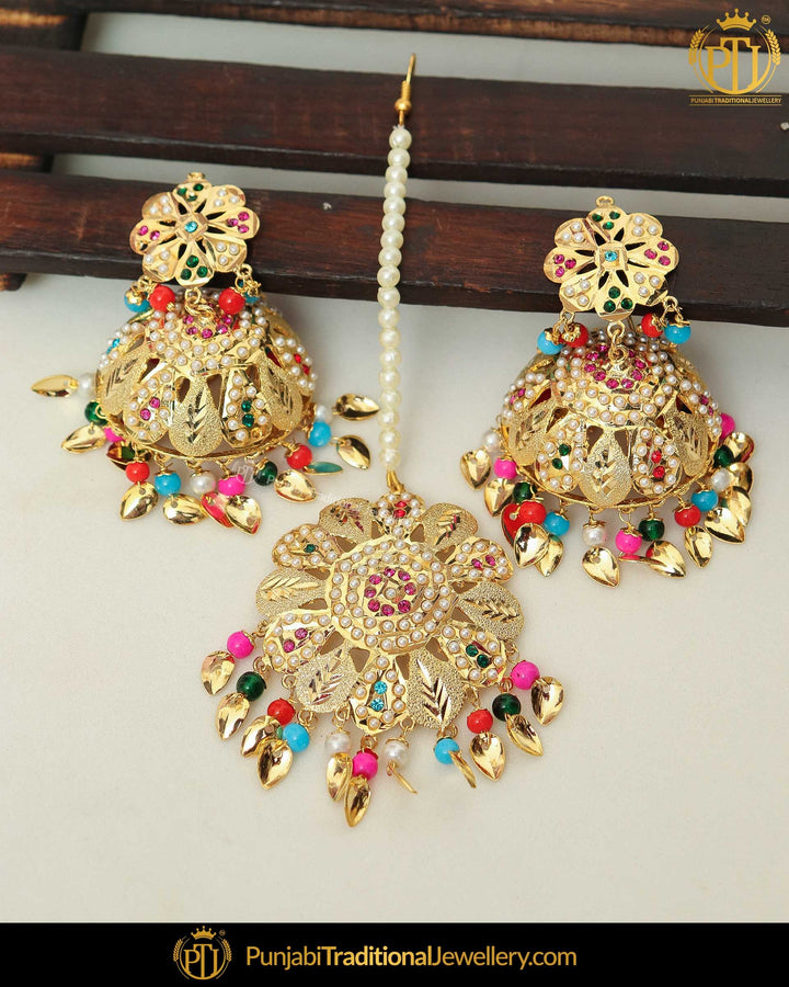 Gold Finished Jadau Navratan Pippal Patti Pearl Earring Tikka Set | Punjabi Traditional Jewellery Exclusive