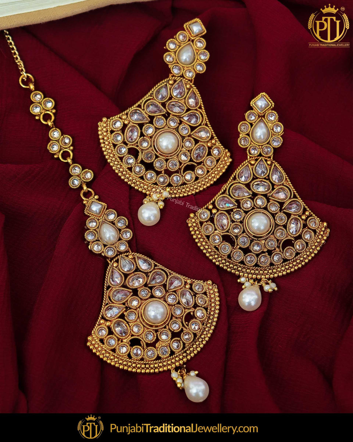 Gold Finished Polki Stone Pearl Earring Tikka Set | Punjabi Traditional Jewellery Exclusive