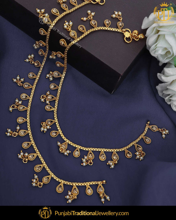 Gold Finished Champagne Stone Payal | Punjabi Traditional Jewellery Exclusive