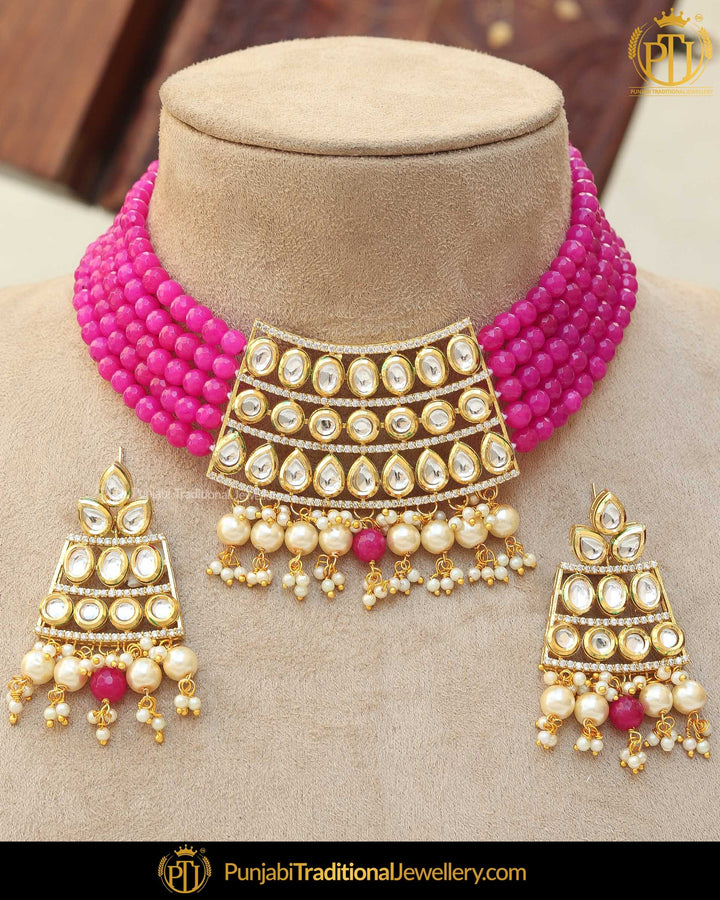 Gold Finished Pink Kundan Choker Pearl Necklace Set | Punjabi Traditional Jewellery Exclusive