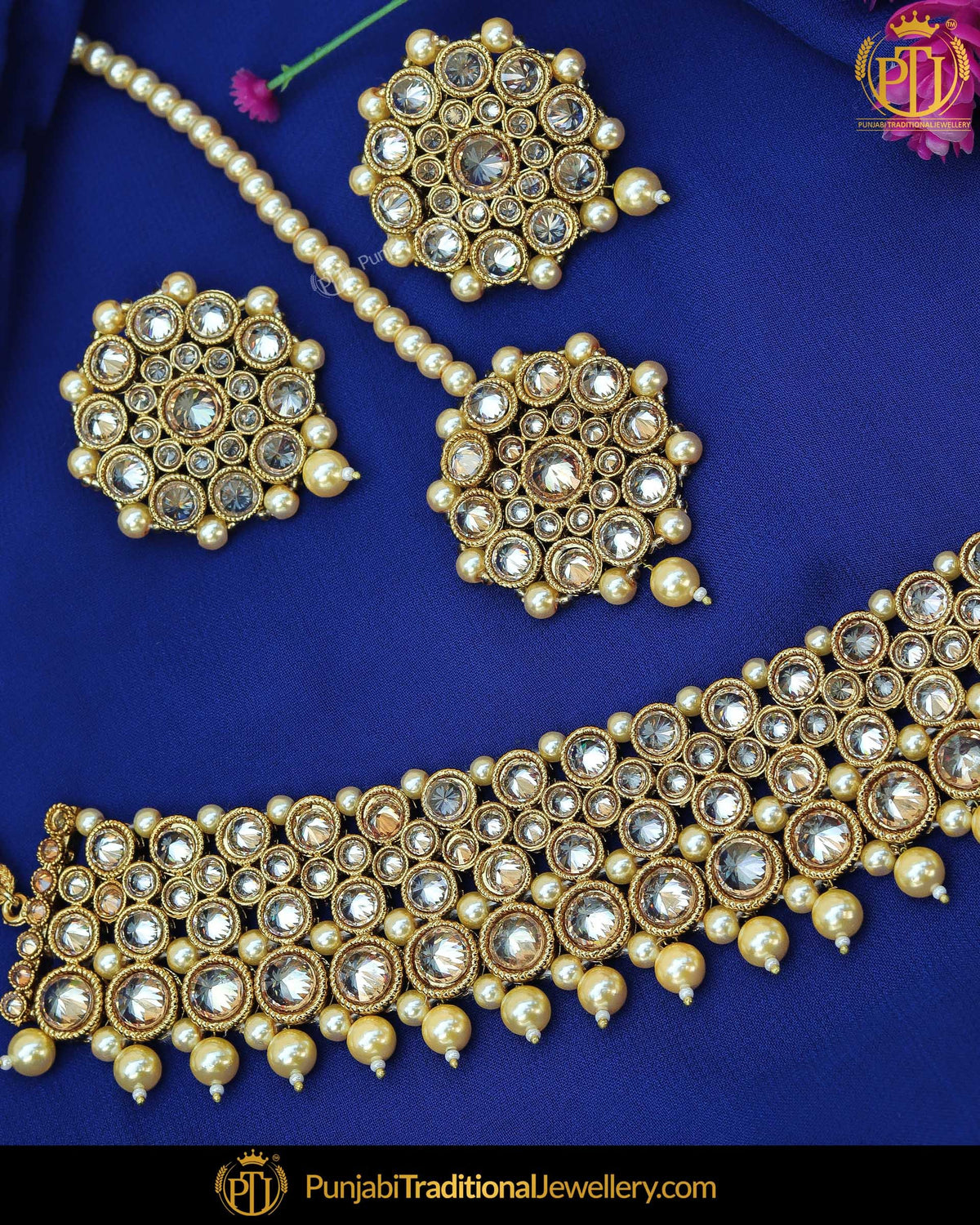 Gold Finished Polki Stone Pearl Choker Necklace Set | Punjabi Traditional Jewellery Exclusive