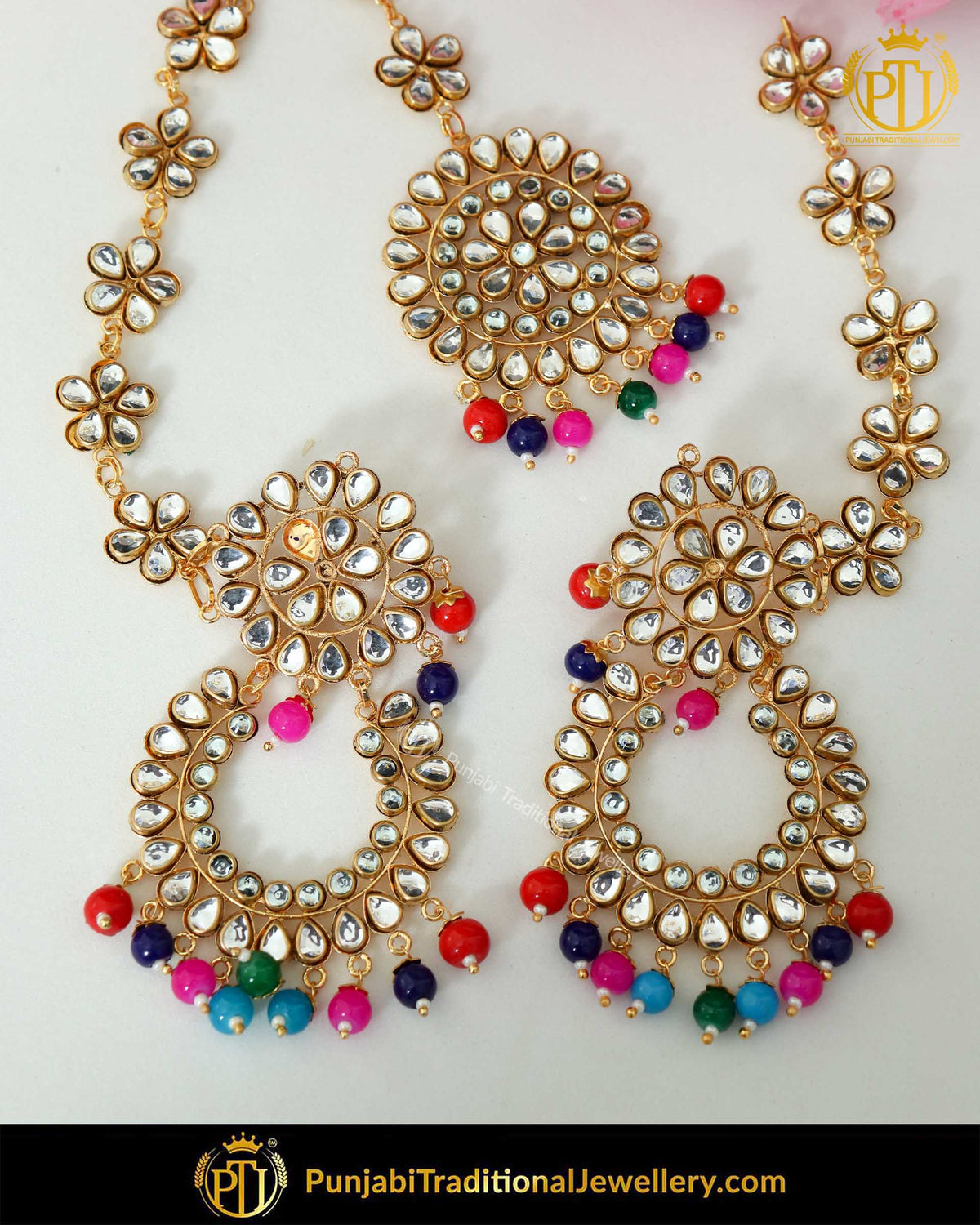 Gold Finished Multi Pearl Kundan Sahare Earrings & Tikka Set | Punjabi Traditional Jewellery Exclusive