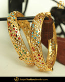 Gold Finished Navratan Jadau Karra Bangles (Pair)| Punjabi Traditional Jewellery Exclusive