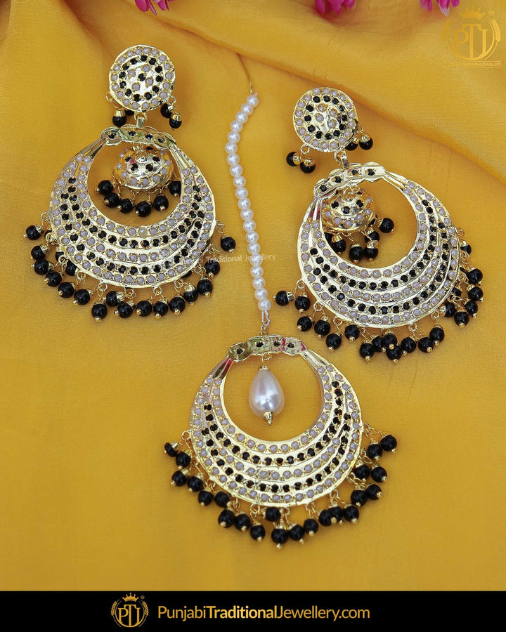 Gold Finished Black Jadau Pearl Earring Tikka Set  | Punjabi Traditional Jewellery Exclusive