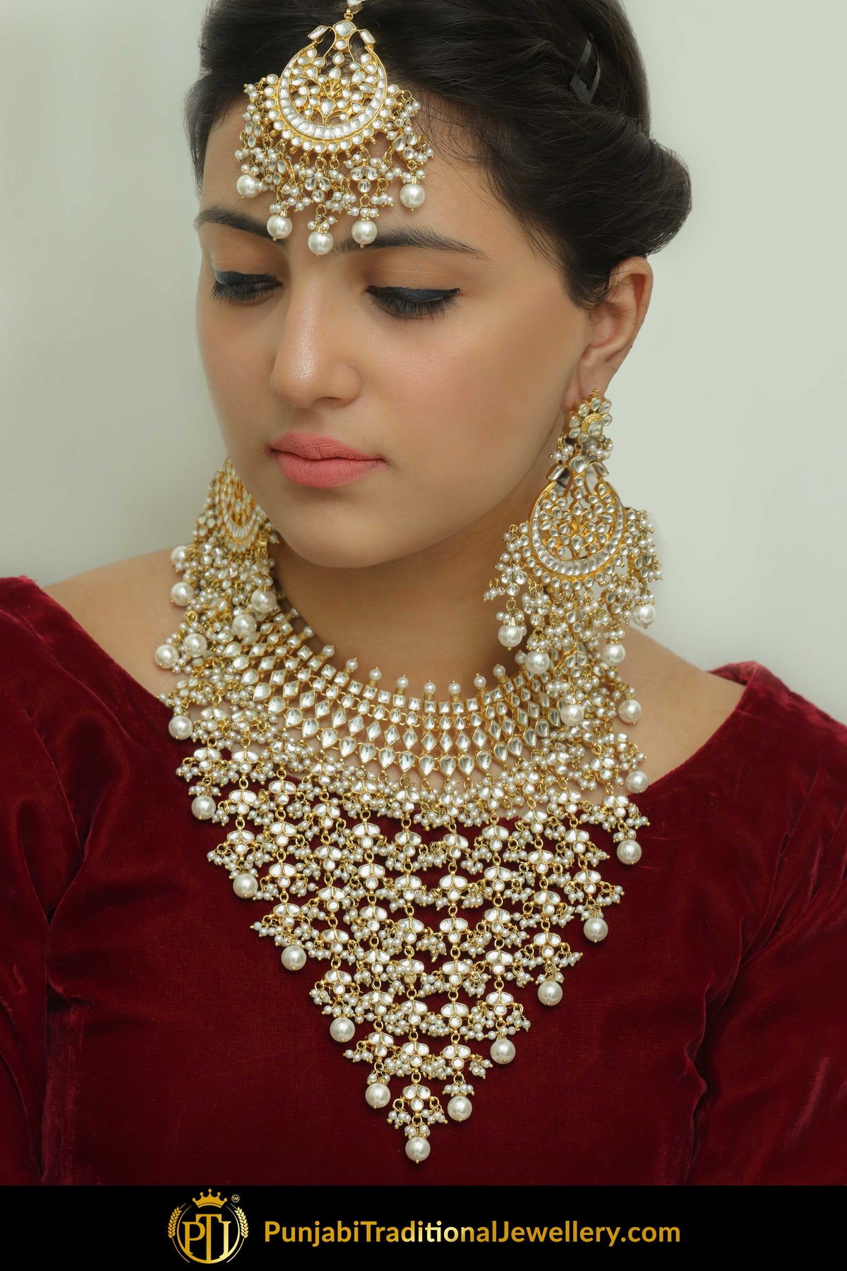 .Daleela Golden Kundan Pearl Necklace Set | Punjabi Traditional Jewellery Exclusive