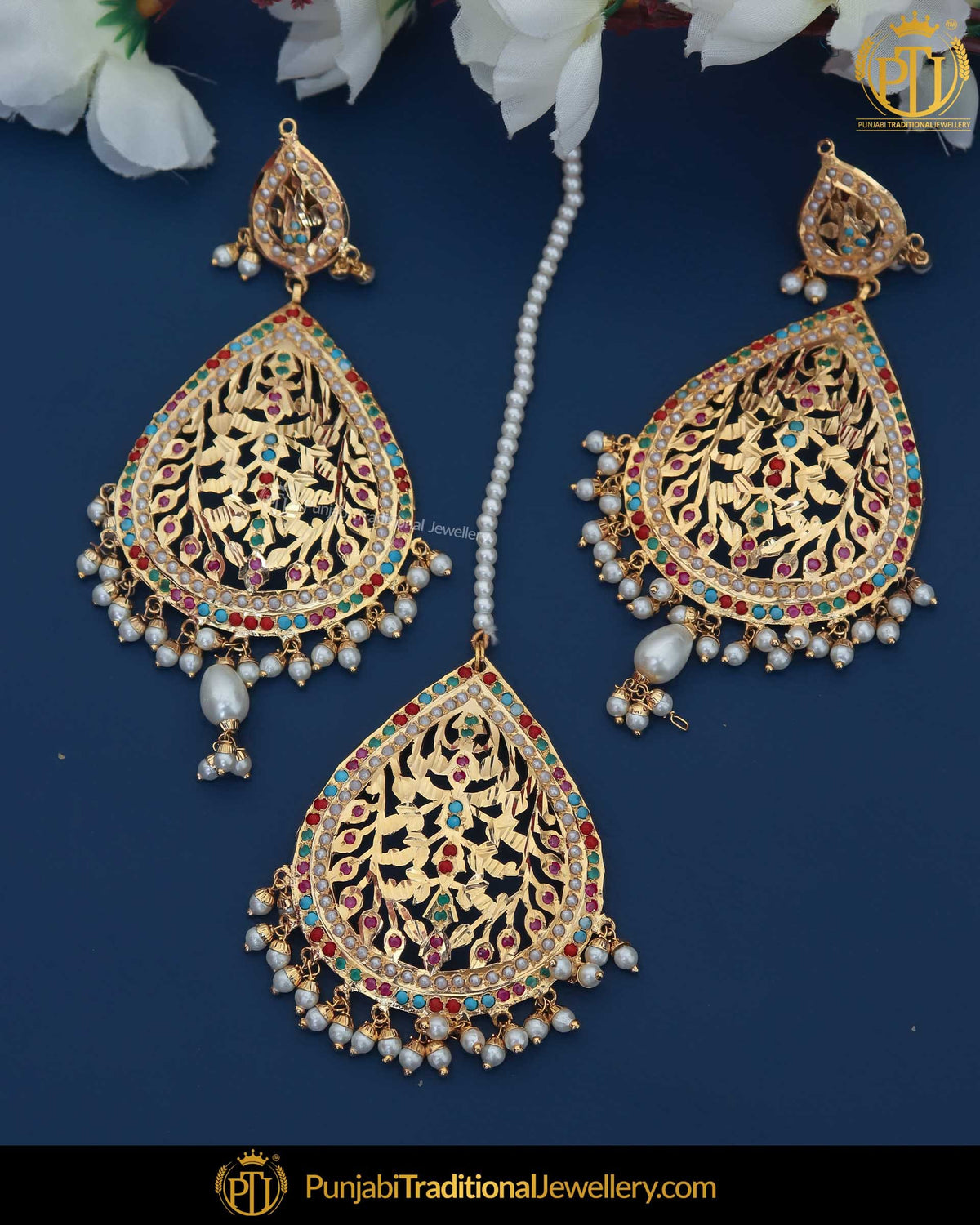 Gold Finished Jadau Multi Earring Tikka Set | Punjabi Traditional Jewellery Exclusive