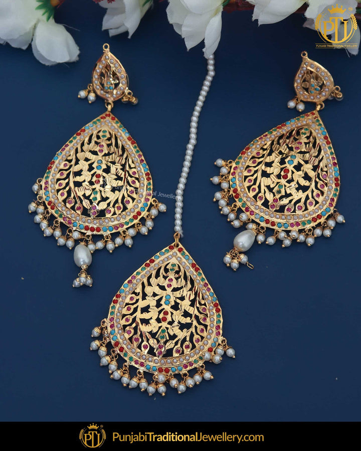 Gold Finished Jadau Multi Earring Tikka Set | Punjabi Traditional Jewellery Exclusive