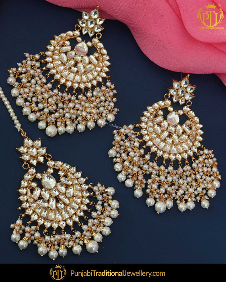 Gold Finished Pearl Kundan Earring Tikka Set | Punjabi Traditional Jewellery Exclusive