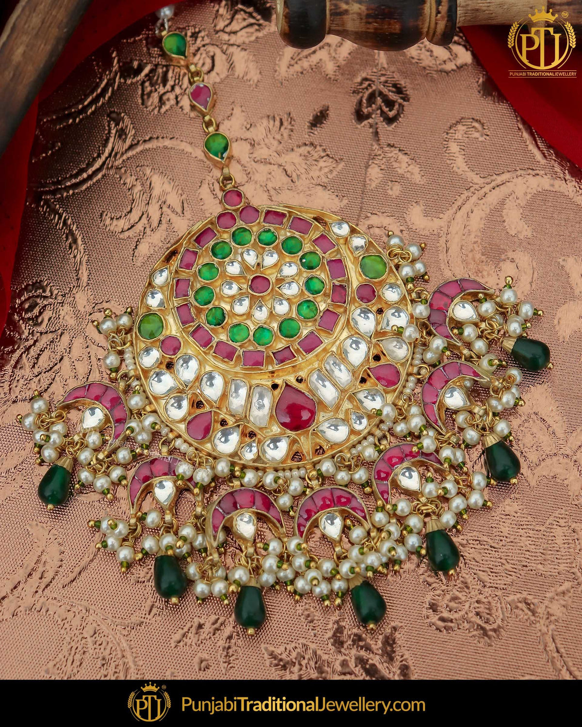 Gold Finished Kundan Green Rubby Pearl Tikka | Punjabi Traditional Jewellery Exclusive