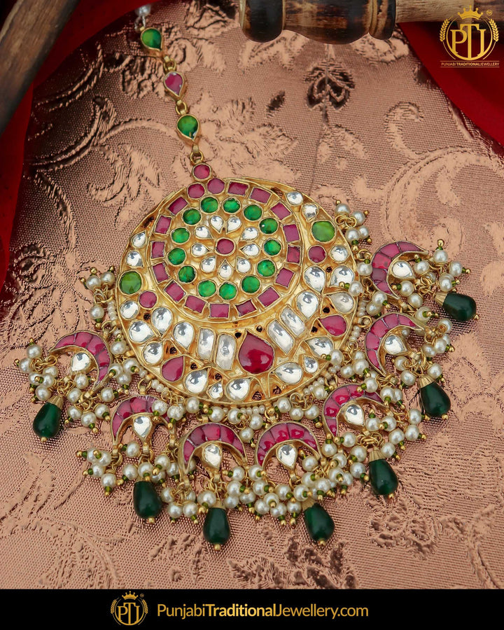 Gold Finished Kundan Green Rubby Pearl Tikka | Punjabi Traditional Jewellery Exclusive