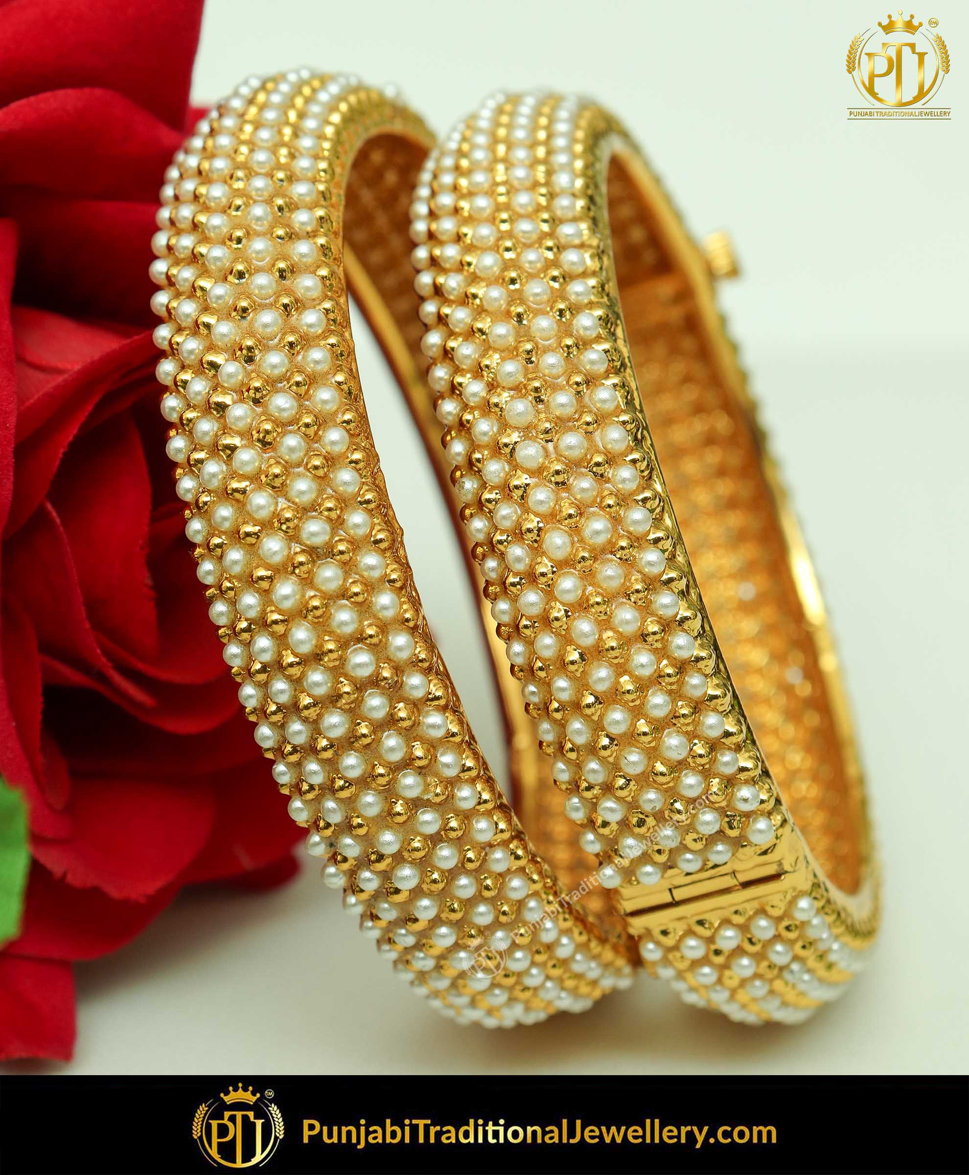 Gold Finished Pearl Openable Karra Bangles (Pair)| Punjabi Traditional Jewellery Exclusive