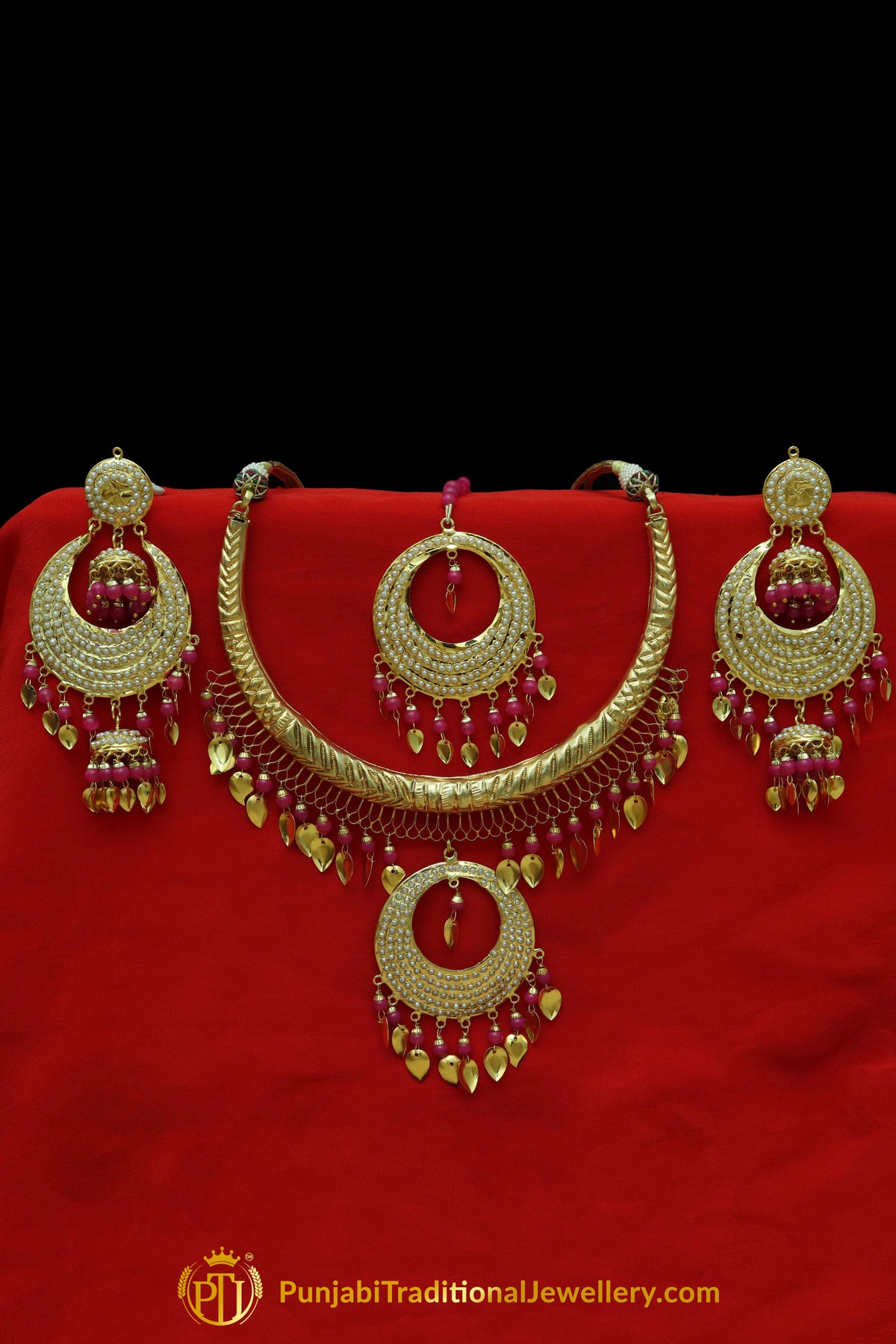 Adios Pink Pippal Patti Hasli Necklace, Tikka & Earrings | Punjabi Traditional Jewellery Exclusive