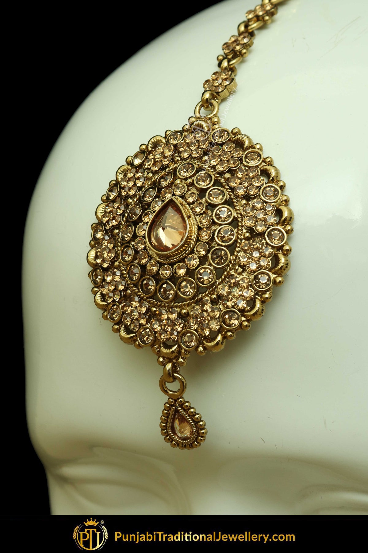 Antique Gold Finised Jerkan Earring Tikka Set By Punjabi Traditional Jewellery