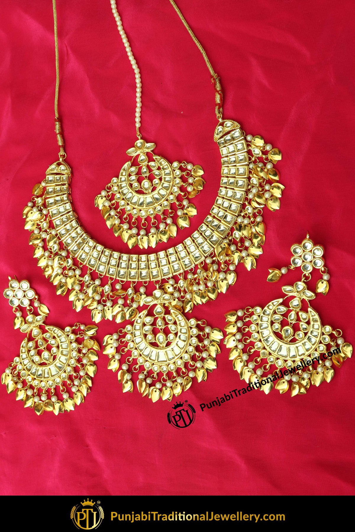Khazanah Gold Finished Pippal Patti Kundan Necklace With Earrings & Tikka | Punjabi Traditional Jewellery Exclusive