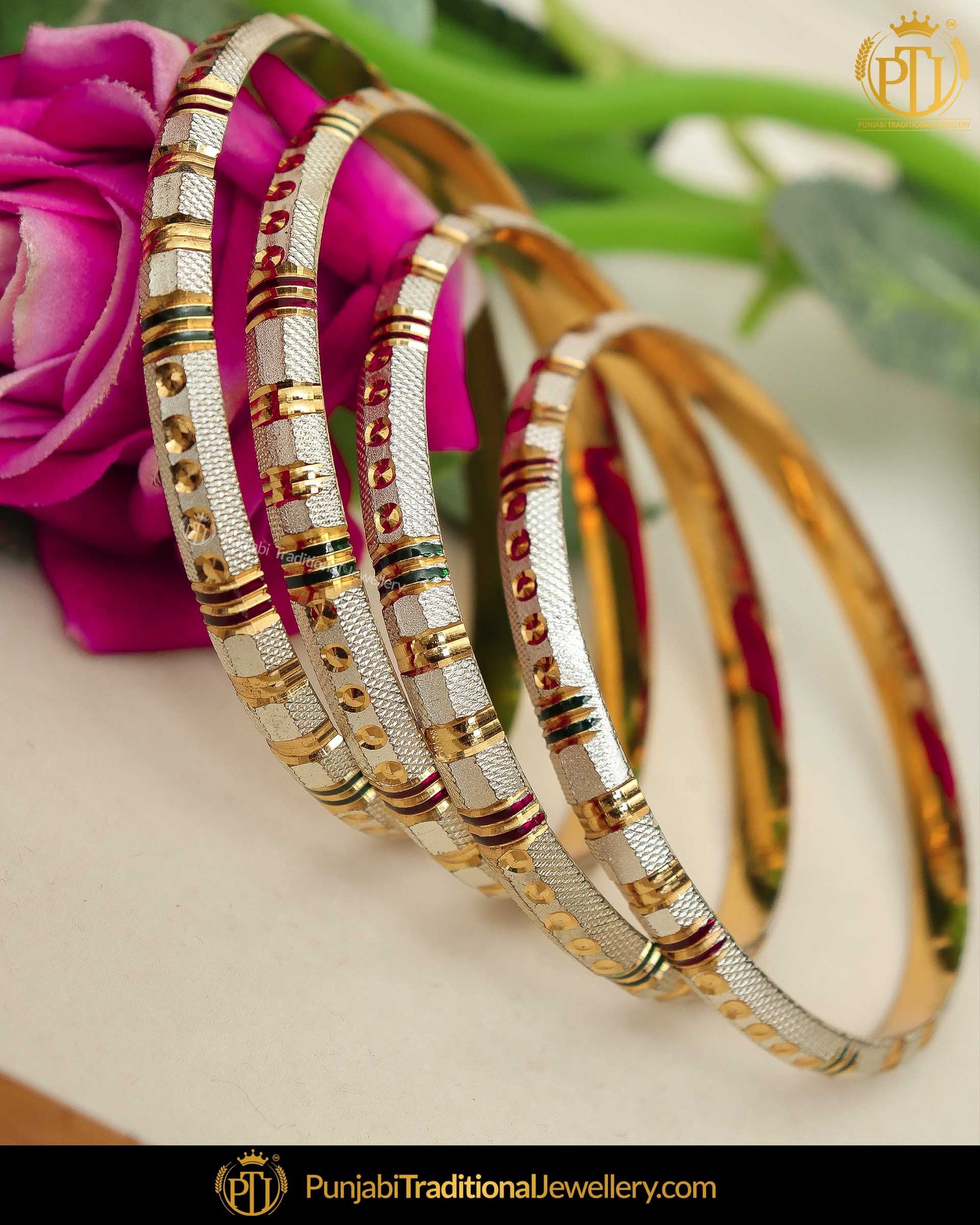 Gold Finished Rubby Green Hand Painted Karra Bangles (Pair)| Punjabi Traditional Jewellery Exclusive
