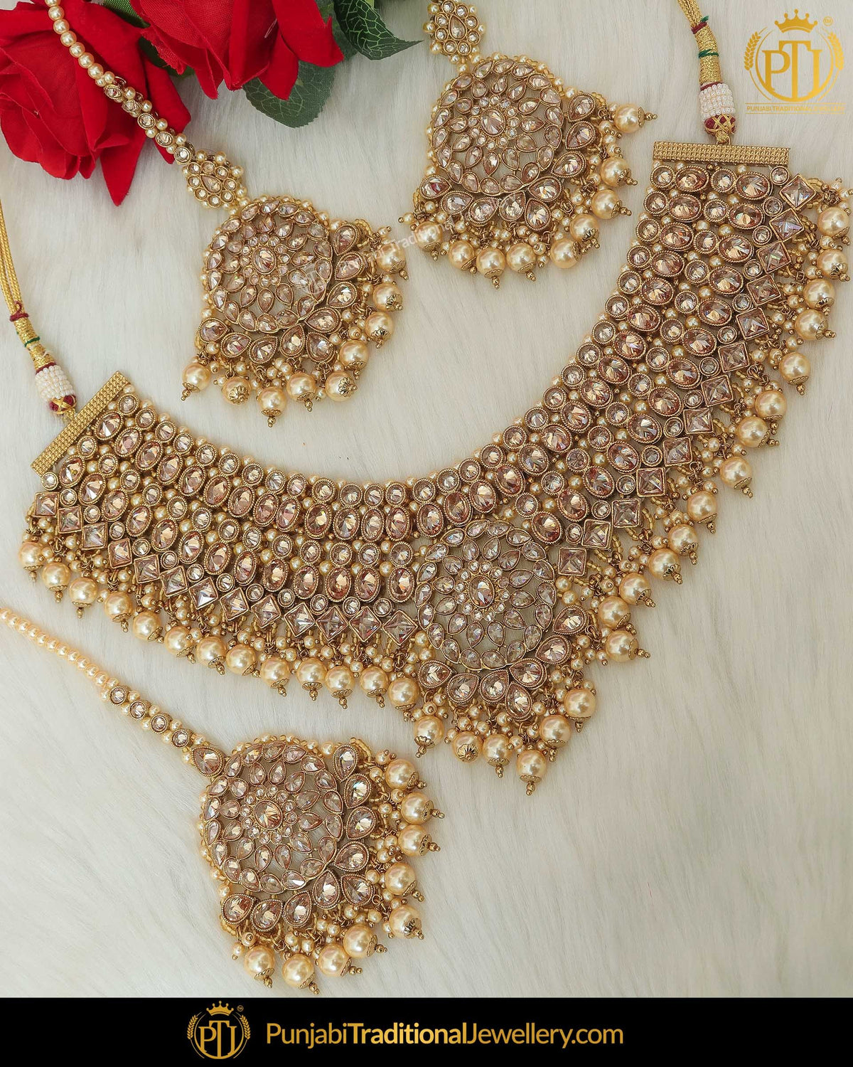 Antique Gold Finished Pearl Champagne Stone Necklace Set | Punjabi Traditional Jewellery Exclusive