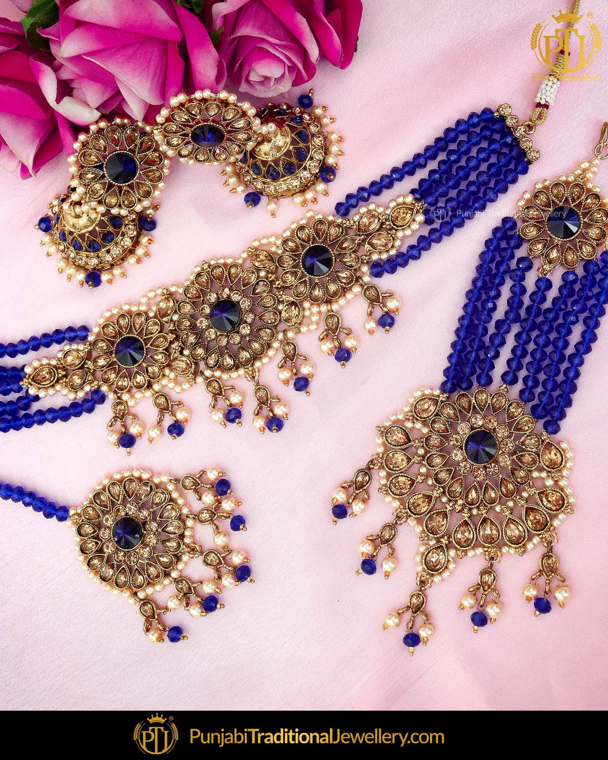 Gold Finished Blue Champange Stone Choker Necklace Set With Passa | Punjabi Traditional Jewellery Exclusive