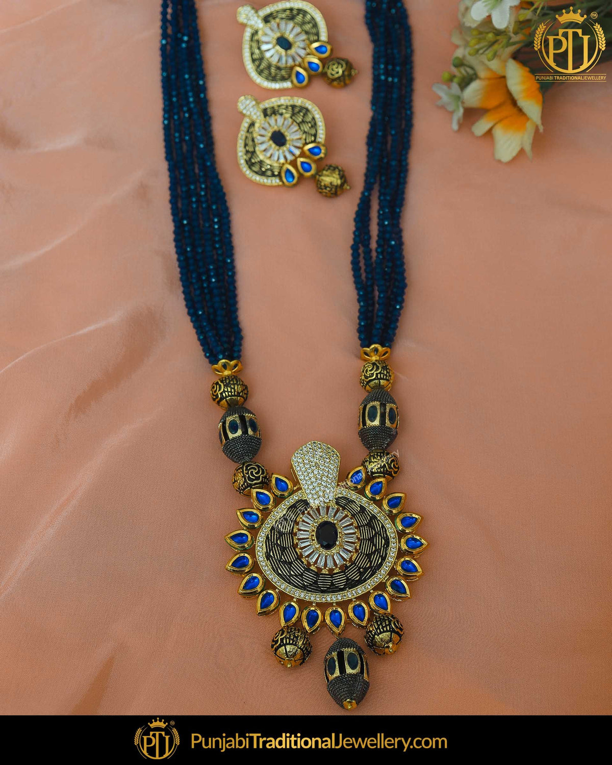 Gold Finished Blue Pearl Kundan Mala Necklace Set | Punjabi Traditional Jewellery Exclusive