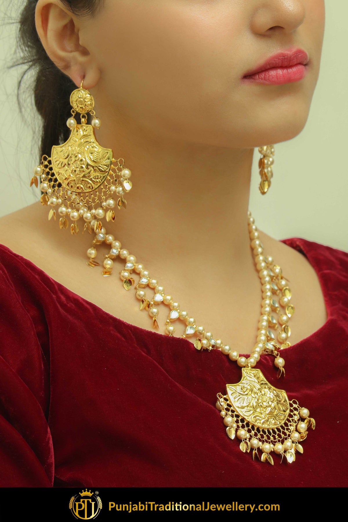 Haziqah Gold Finished Pearl Pippal Patti Necklace, Tikka & Earrings | Punjabi Traditional Jewellery Exclusive