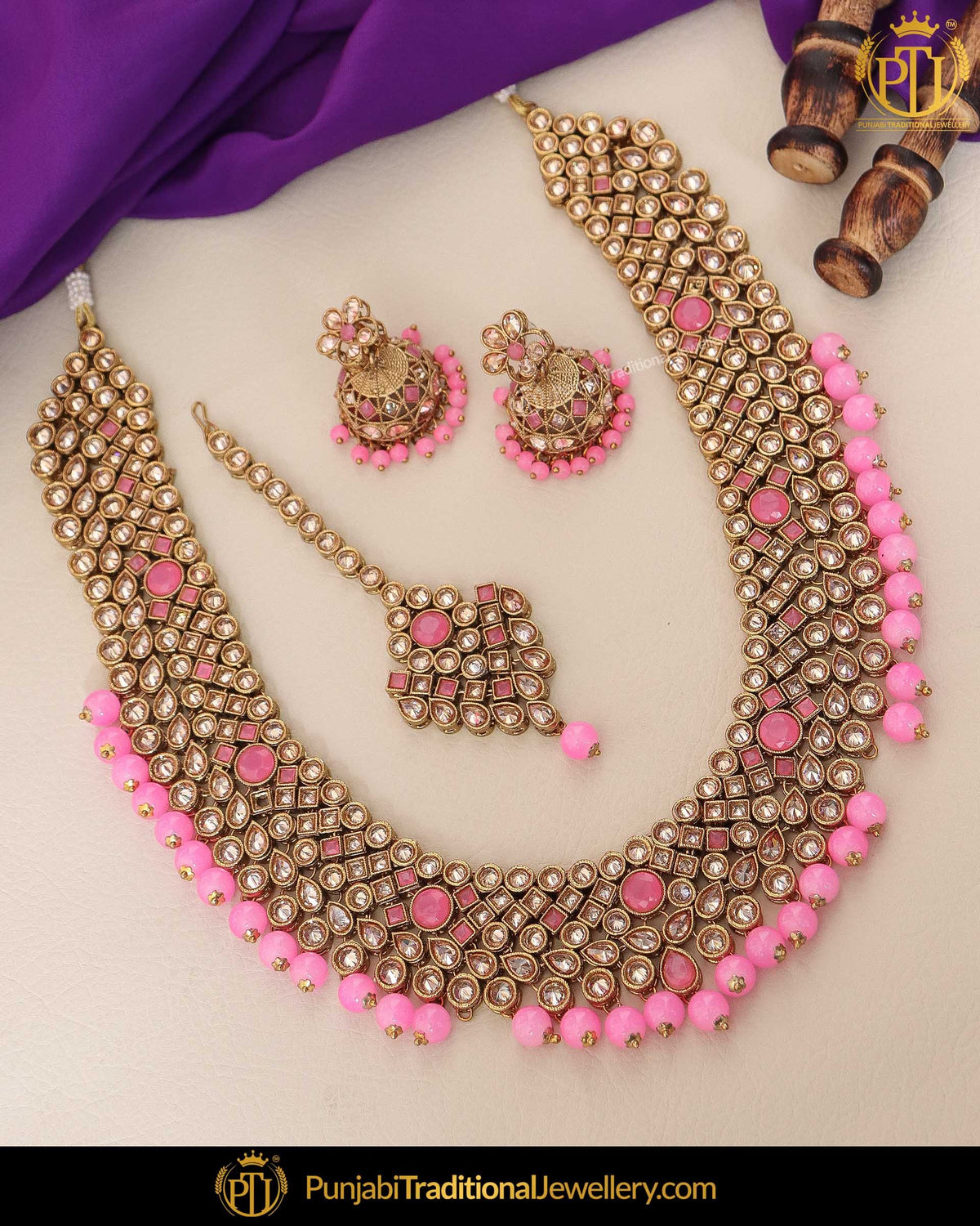 Gold Finished Pink Chamapgne Stone Pearl Necklace Set | Punjabi Traditional Jewellery Exclusive