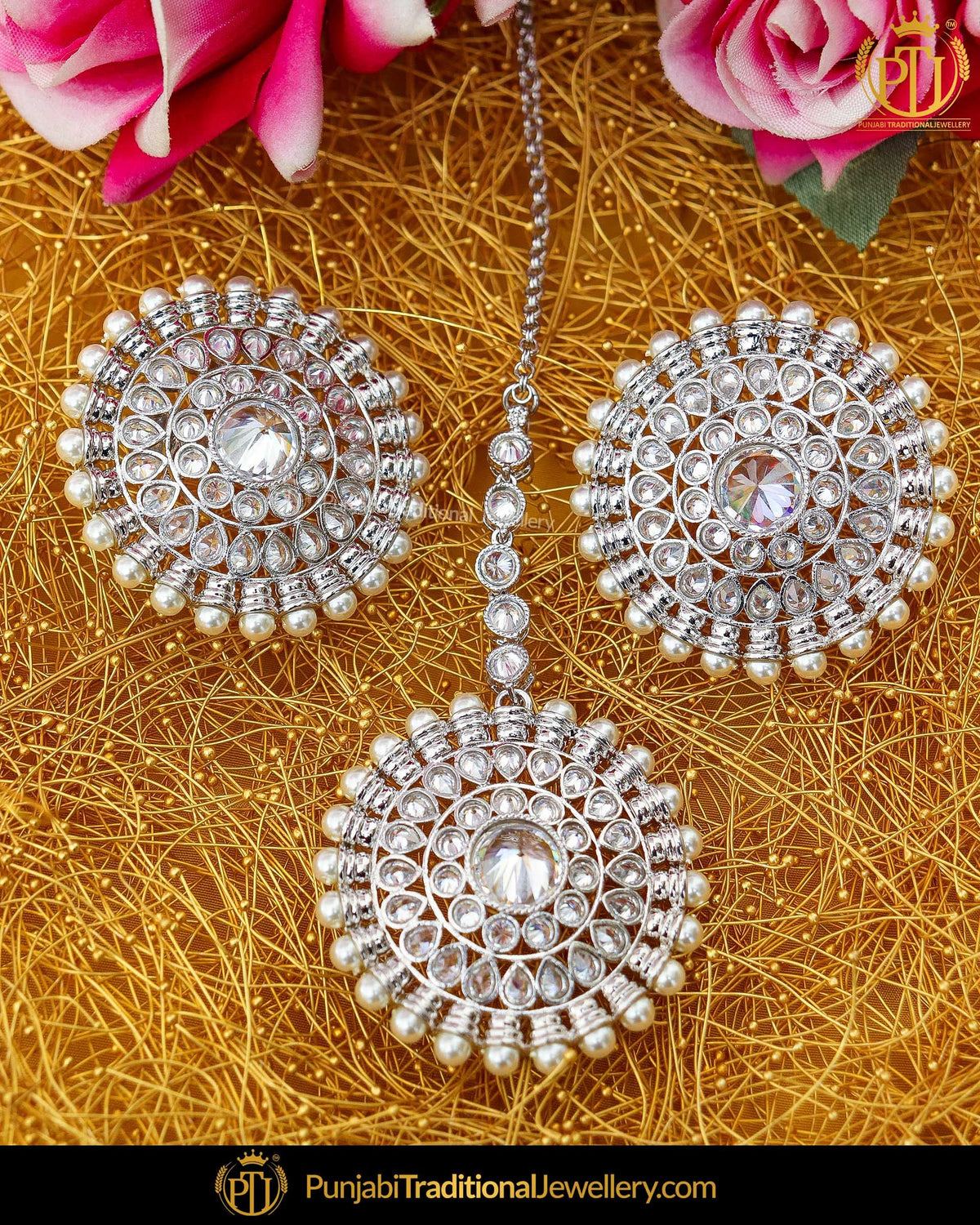 Silver Finished Polki Stud Earring Tikka Set | Punjabi Traditional Jewellery Exclusive