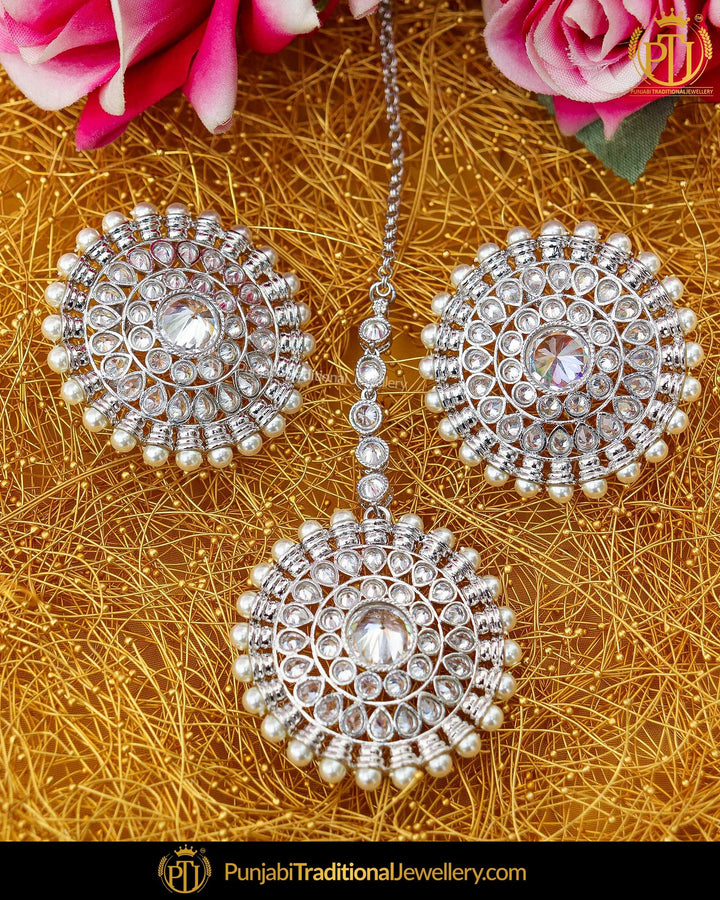 Silver Finished Polki Stud Earring Tikka Set | Punjabi Traditional Jewellery Exclusive