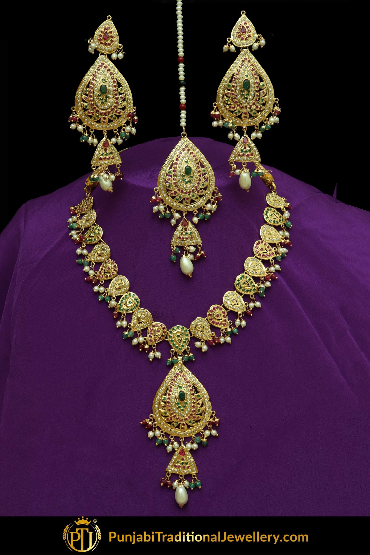 Jasmin Gold Finished Emerald Rubby Jadau Necklace, Tikka & Earrings | Punjabi Traditional Jewellery Exclusive