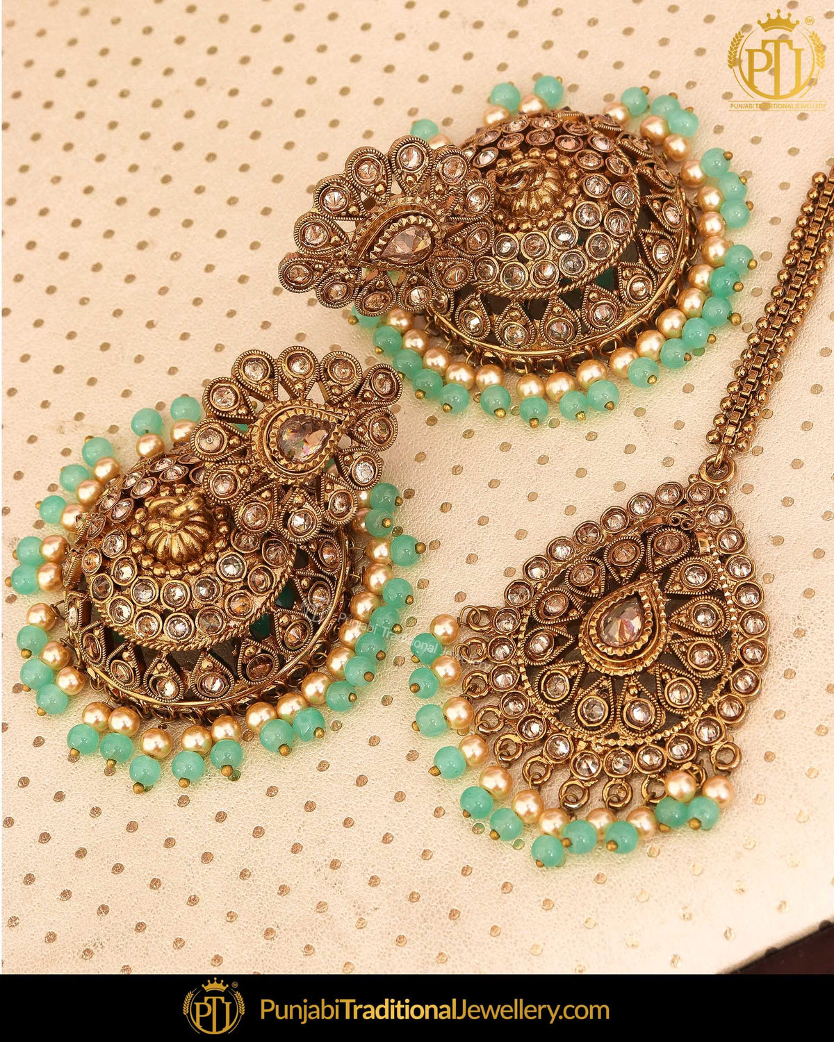 Antique Gold Finished Seagreen Champagne Stone Earring Tikka Set | Punjabi Traditional Jewellery Exclusive