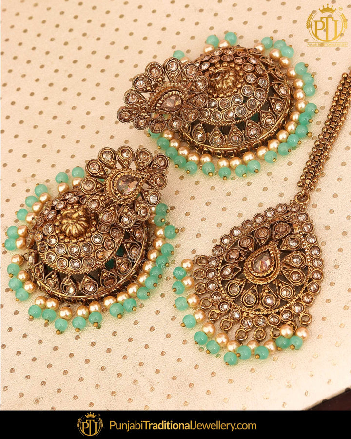 Antique Gold Finished Seagreen Champagne Stone Earring Tikka Set | Punjabi Traditional Jewellery Exclusive