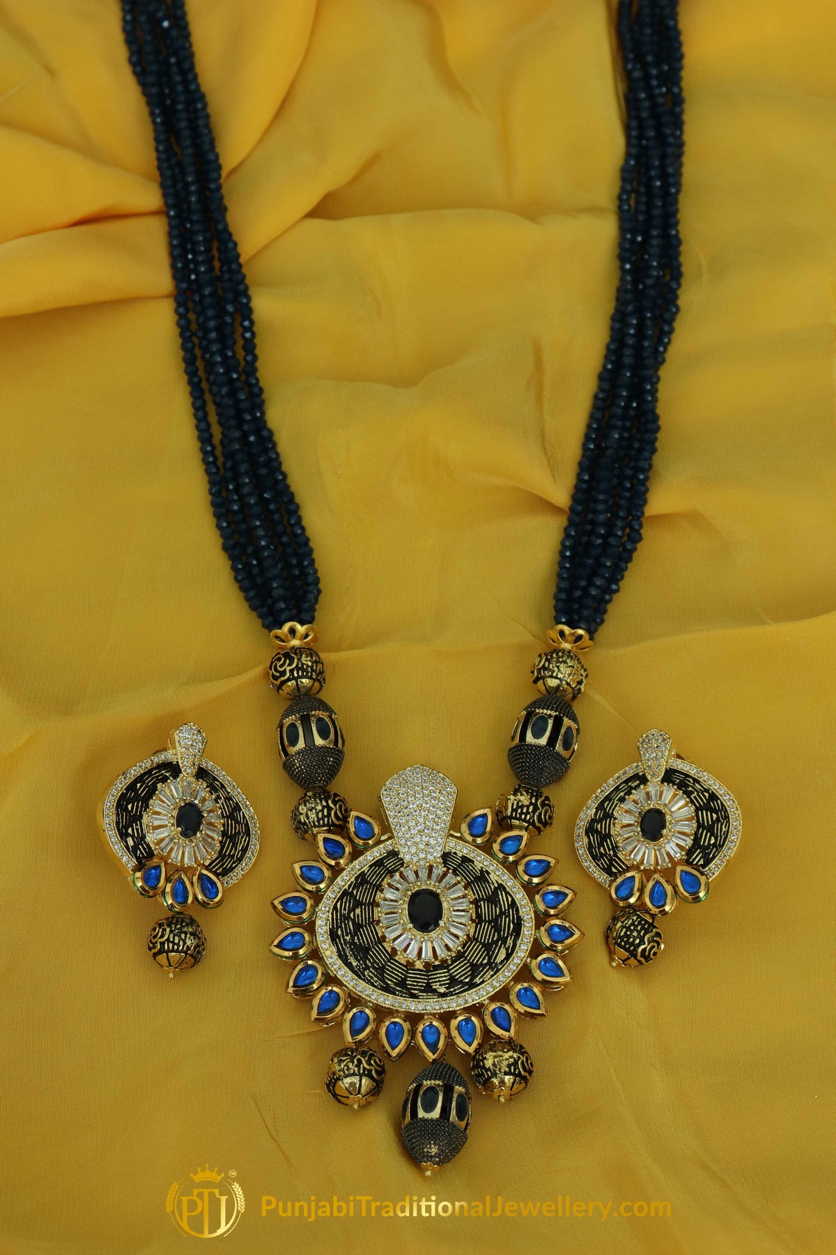 Forhana Gold Finished Blue Kundan Long Necklace Set | Punjabi Traditional Jewellery Exclusive