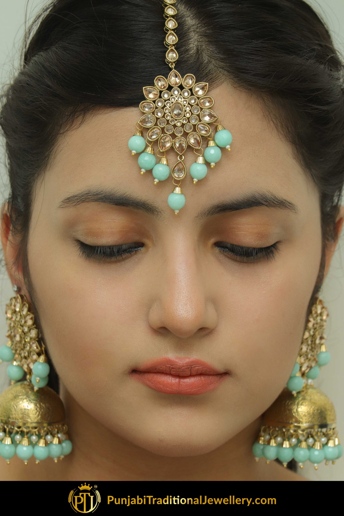 Gold Finished Firozi Choker Necklace Set, Jhumki Earring & Tikka | Punjabi Traditional Jewellery Exclusive
