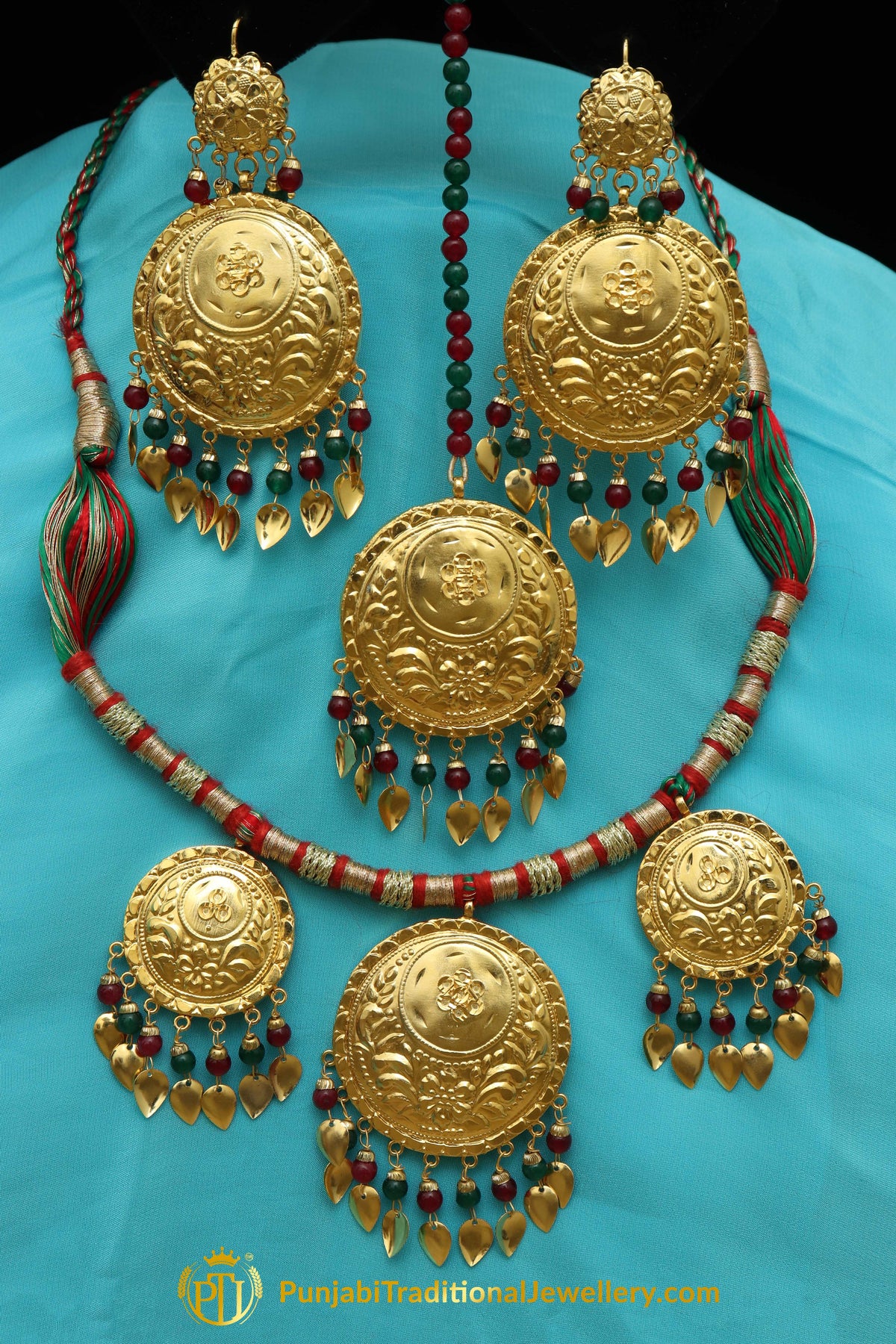 Inga Rubby Panna Pippal Patti Necklace, Tikka & Earrings | Punjabi Giddha Jewellery | Punjabi Traditional Jewellery Exclusive