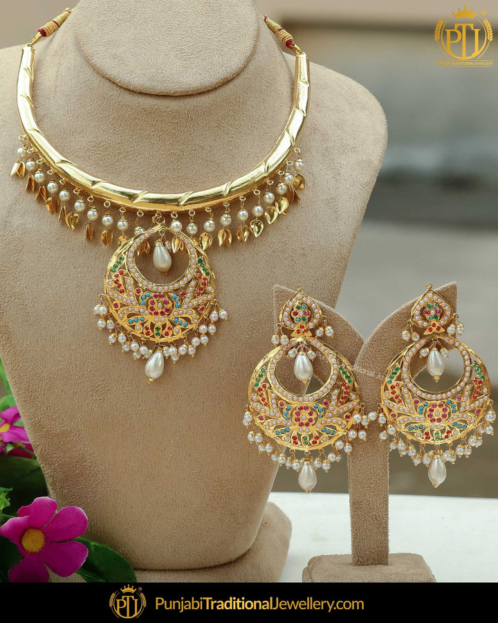 Gold Finished Pippal Patti Rubby Green Jadau Pearl Hasli Necklace Set | Punjabi Traditional Jewellery Exclusive