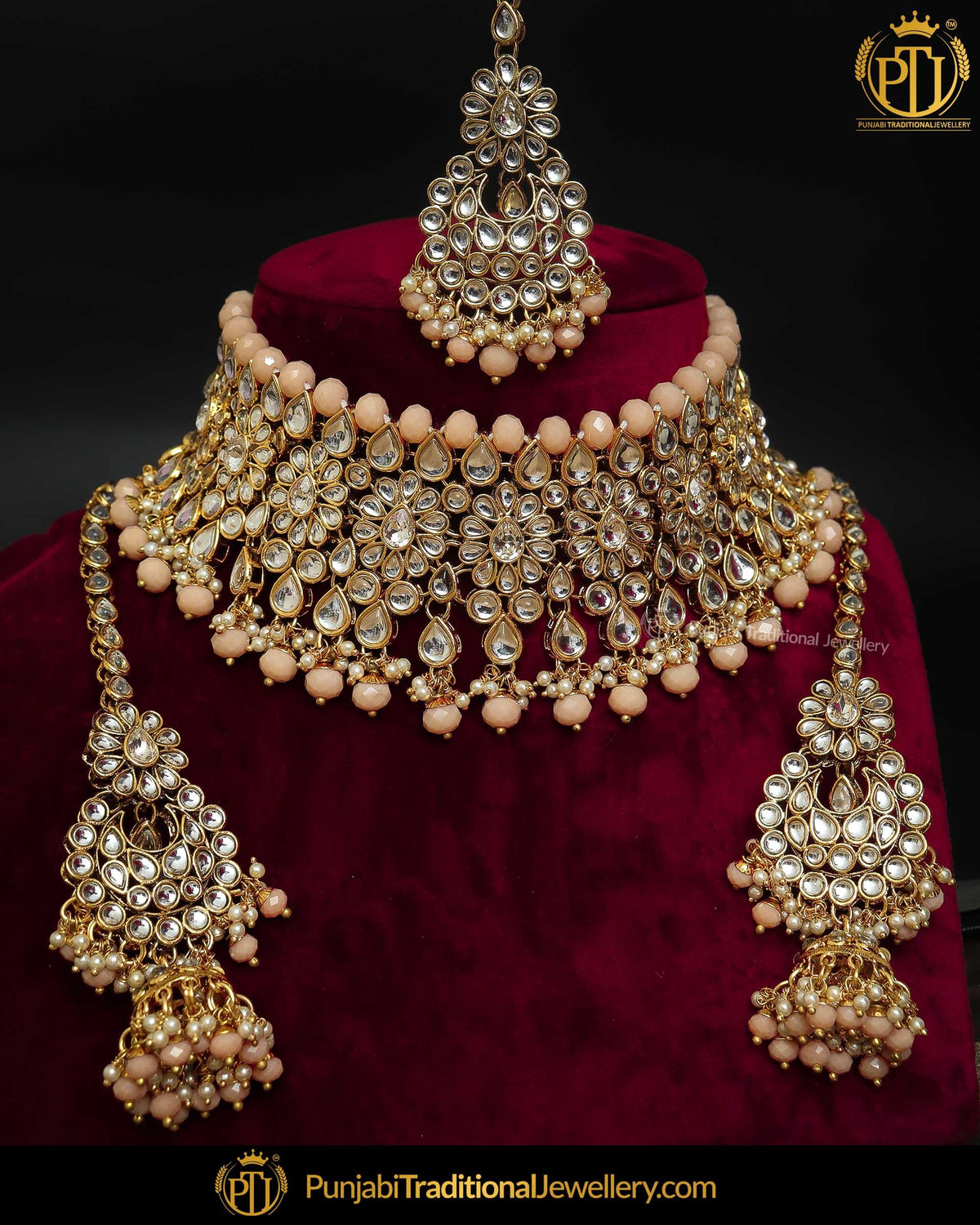 Gold Finished Peach Kundan Pearl Choker Necklace & Sahare Earrings | Punjabi Traditional Jewellery Exclusive