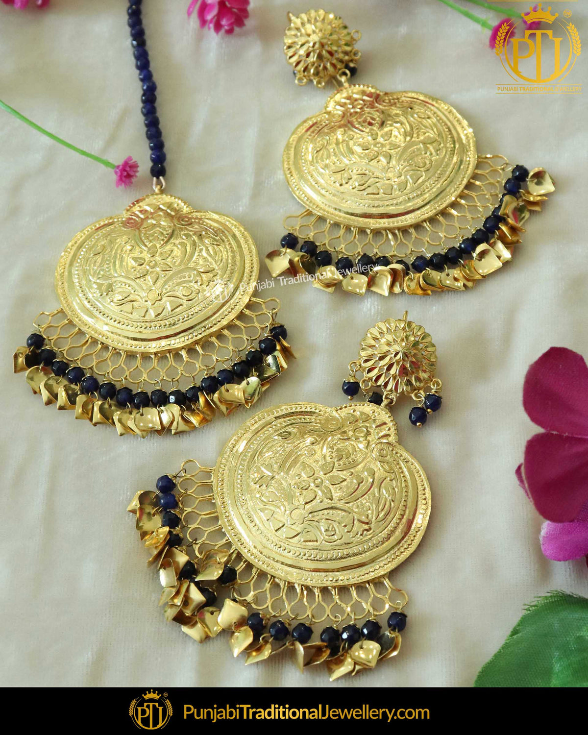 Blue Pippal Patti Patra Earring Tikka Set | Punjabi Traditional Jewellery Exclusive