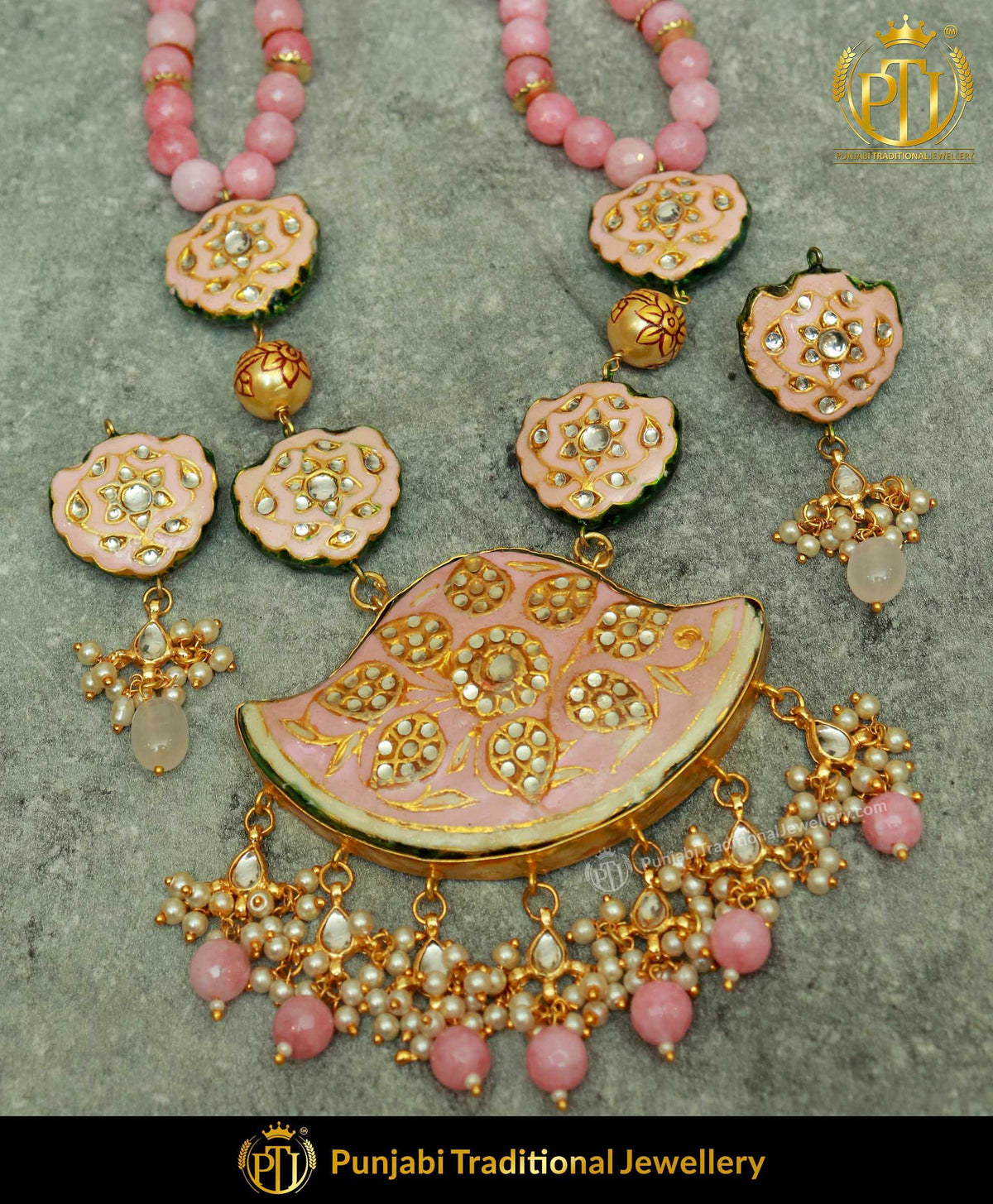 Pink Hand-Painted Rani Haar Necklace & Earrings | Punjabi Traditional Jewellery Exclusive