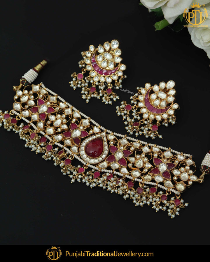 Antique Gold Finished Rubby Kundan Choker Necklace Set | Punjabi Traditional Jewellery Exclusive