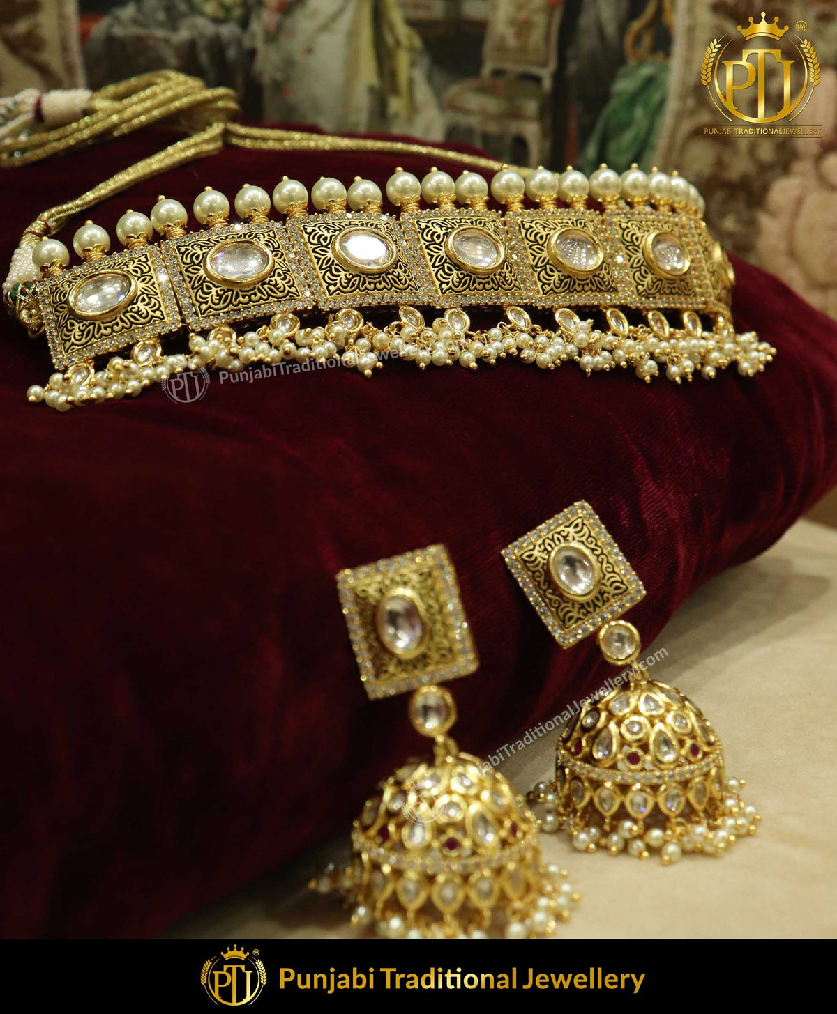 Antique Gold Finished Kundan & Pearl Necklace Set | Punjabi Traditional Jewellery Exclusive