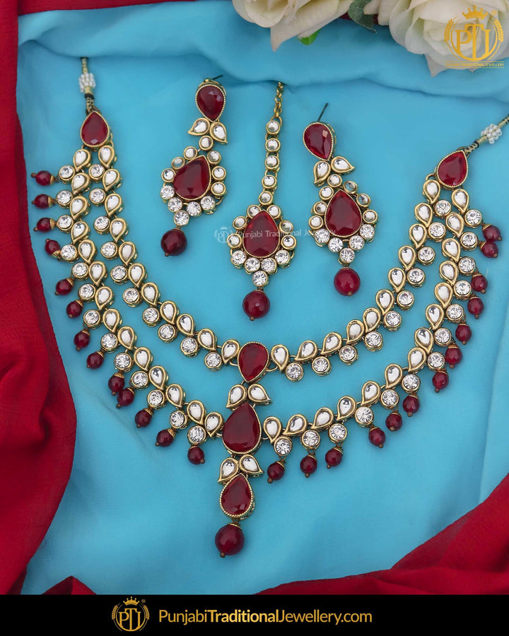 Gold Finished Kundan Red Pearl Necklace Set | Punjabi Traditional Jewellery Exclusive