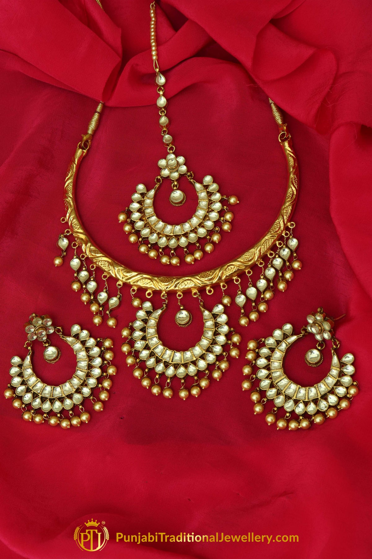 Heba Gold Finished Pearl Kundan Necklace, Tikka & Earrings | Punjabi Traditional Jewellery Exclusive
