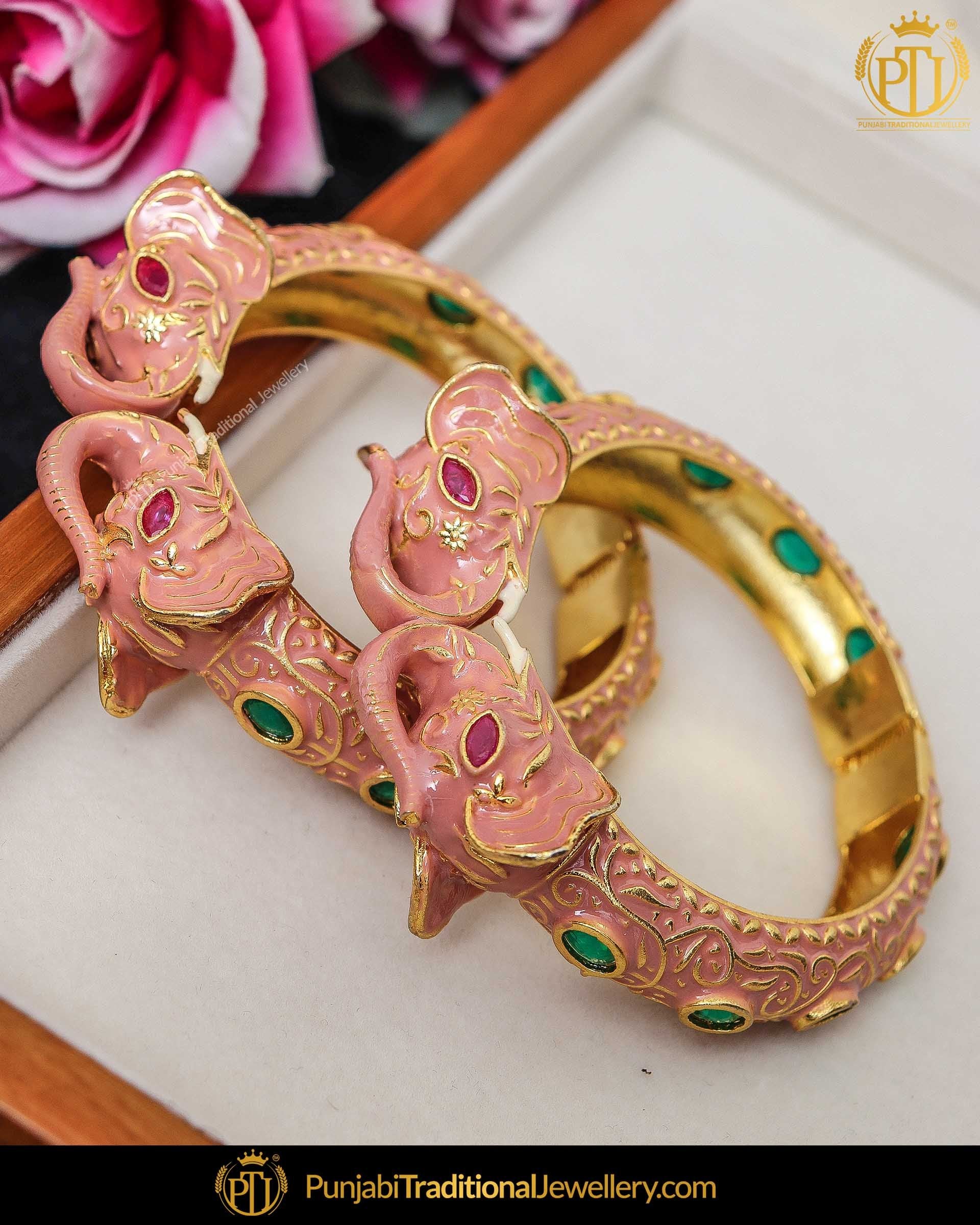 Hand Painted Pink Menna Emerald Polki Karra Bangles (Pair)| Punjabi Traditional Jewellery Exclusive