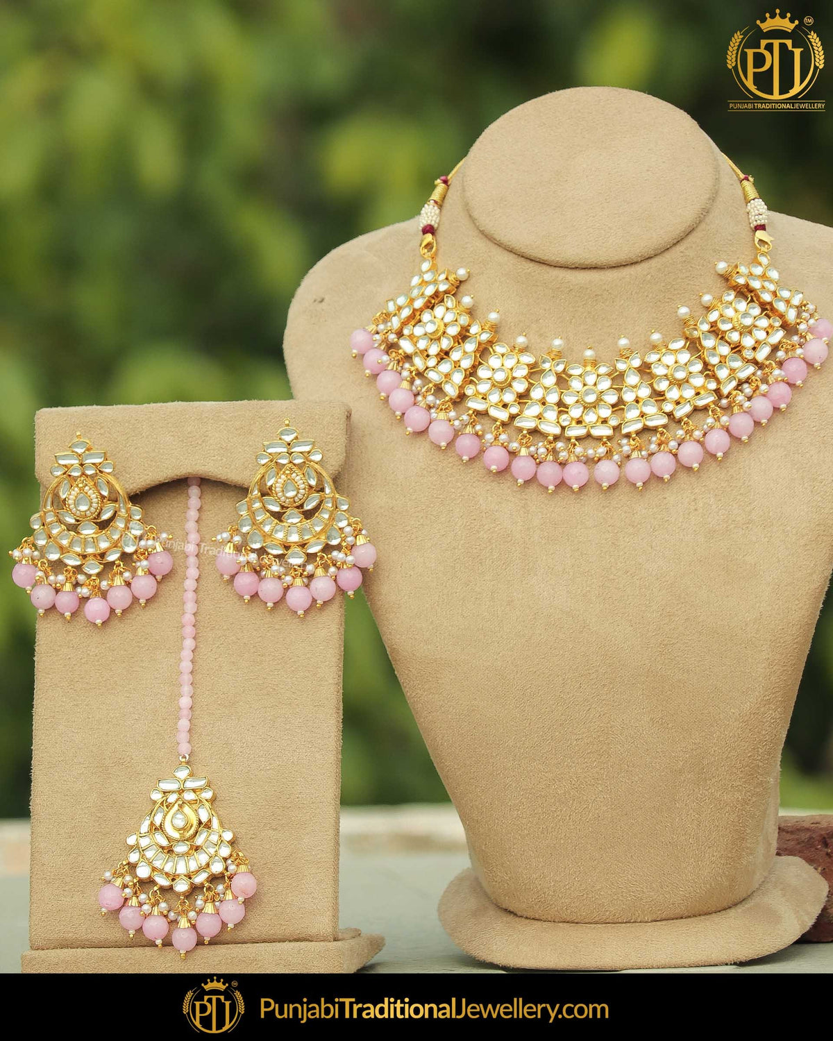 Gold Finished Peach Kundan Pearl Necklace Set | Punjabi Traditional Jewellery Exclusive