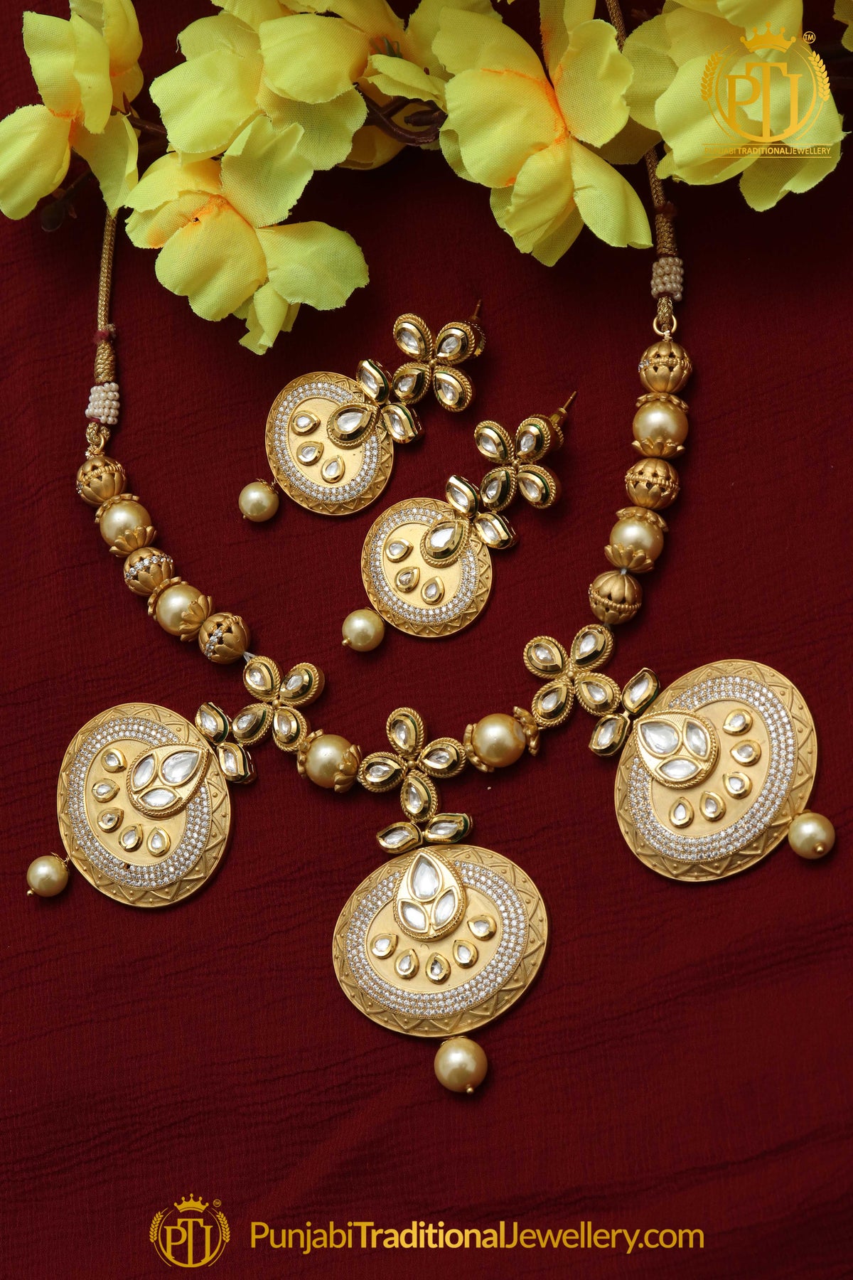 Matt Gold Kundan Pearl Necklace Set By Punjabi Taditional Jewellery