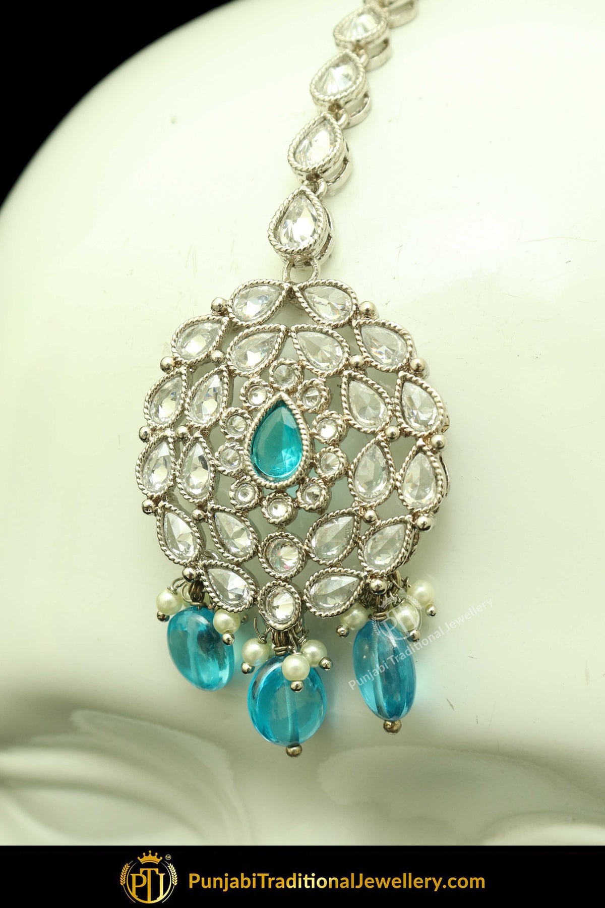Silver Finished Polki Stone Lite Sky Drops Oversized Stud Earrings & Tikka Set By Punjabi Traditional Jewellery