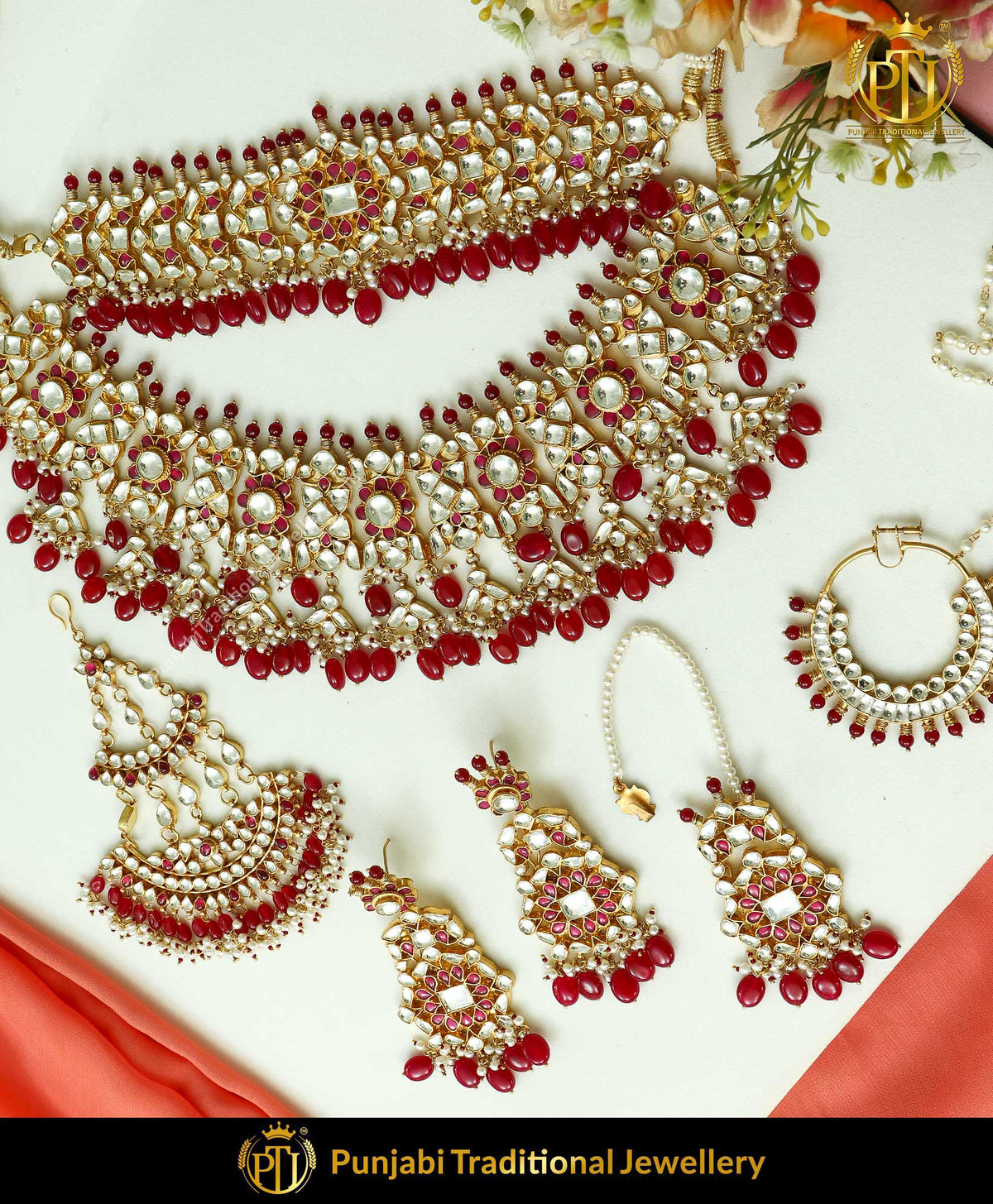 Kundan Rubby Pearl Bridal Necklace Set, Nath With Passa | Punjabi Traditional Jewellery Exclusive