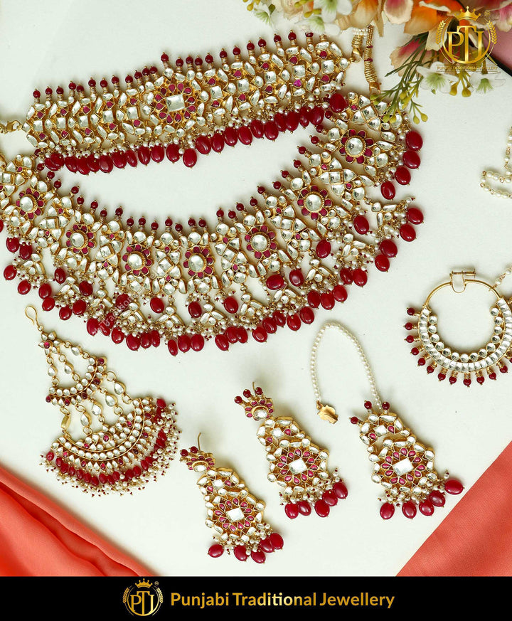 Kundan Rubby Pearl Bridal Necklace Set, Nath With Passa | Punjabi Traditional Jewellery Exclusive