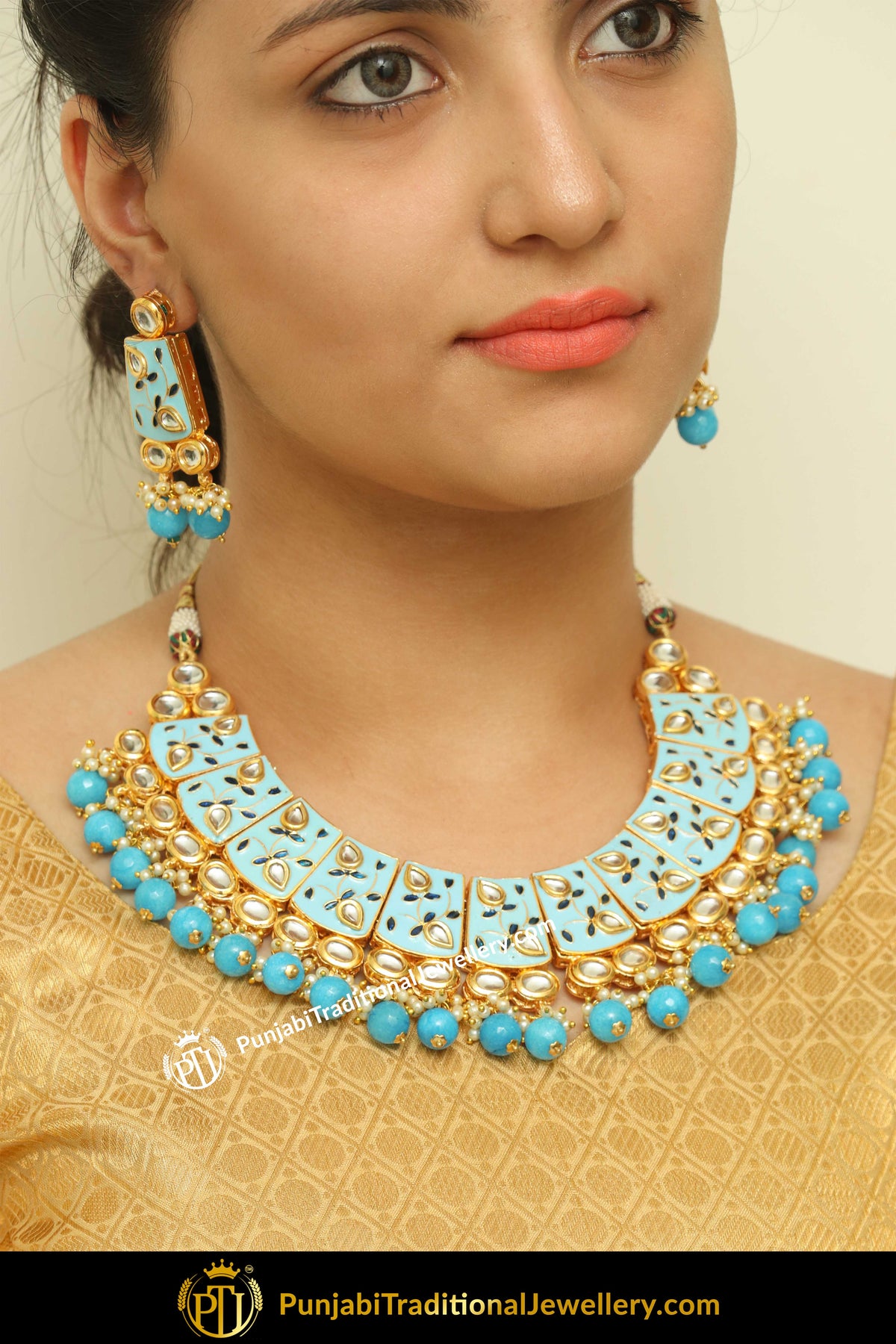 Jihan Hand Painted Firozi Kundan Necklace Set & Earrings | Punjabi Traditional Jewellery Exclusive