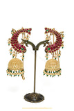 Gold Finished Rubby Emerald Kundan Earrings by PTJ